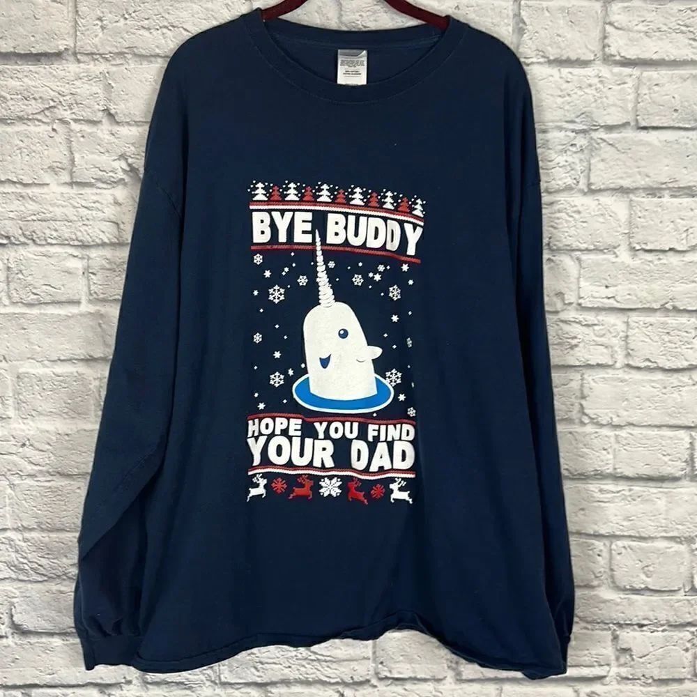 Elf Long Sleeve Narwhal Navy T-shirt Size 2XL Unisex